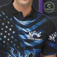 Load image into Gallery viewer, Custom Black And Blue Patriotic Fire Flame Men Bowling Shirt, US Flag Bowling Jerseys IPHW10998