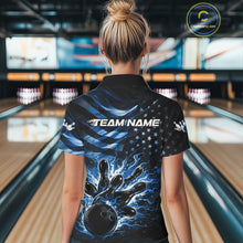 Load image into Gallery viewer, Custom Black And Blue Patriotic Fire Flame Women Bowling Shirt, US Flag Bowling Jerseys IPHW10998