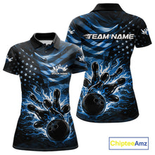Load image into Gallery viewer, Custom Black And Blue Patriotic Fire Flame Women Bowling Shirt, US Flag Bowling Jerseys IPHW10998