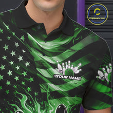Load image into Gallery viewer, Custom Black And Green Patriotic Fire Flame Men Bowling Shirt, US Flag Bowling Jerseys IPHW10999