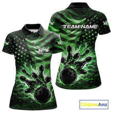 Load image into Gallery viewer, Custom Black And Green Patriotic Fire Flame Women Bowling Shirt, US Flag Bowling Jerseys IPHW10999