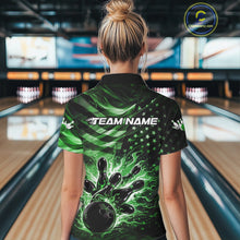 Load image into Gallery viewer, Custom Black And Green Patriotic Fire Flame Women Bowling Shirt, US Flag Bowling Jerseys IPHW10999