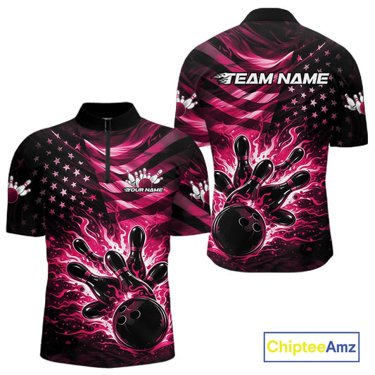 Front and back views of a black mens bowling quarter-zip shirt featuring a pink flame bowling ball and distressed American flag artwork.