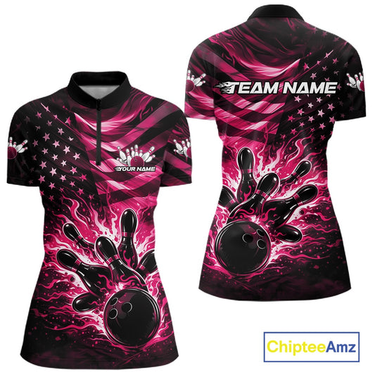 Front and back views of a black womens bowling quarter-zip shirt featuring a pink flame bowling ball and distressed American flag artwork.