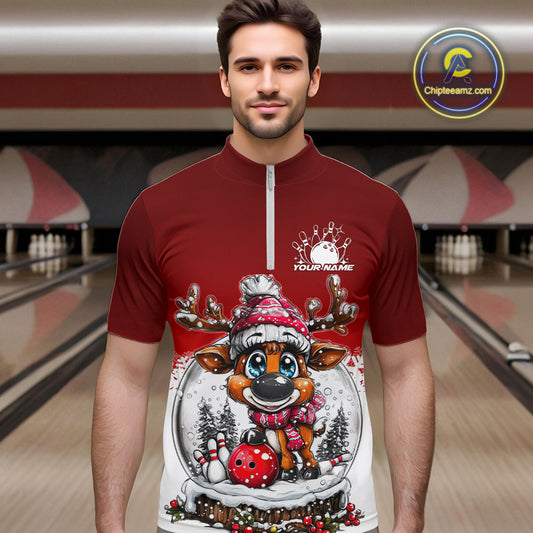 Custom Cute Funny Reindeer Christmas Bowling Men Quarter-Zip Shirts, Xmas Team Bowling Shirt IPHW10114