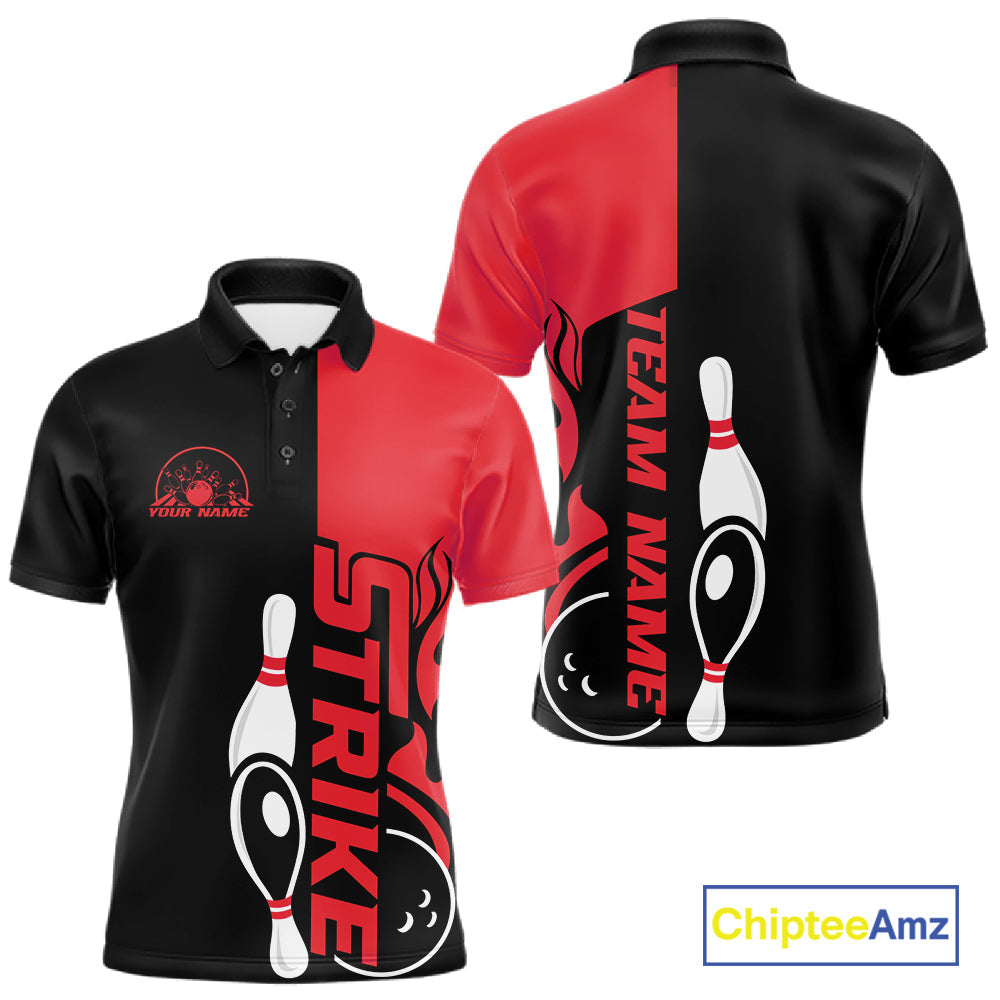 Custom Black And Red Flame Strike Bowling Men Polo Shirt, Bowling Tournament Shirt IPHW10252