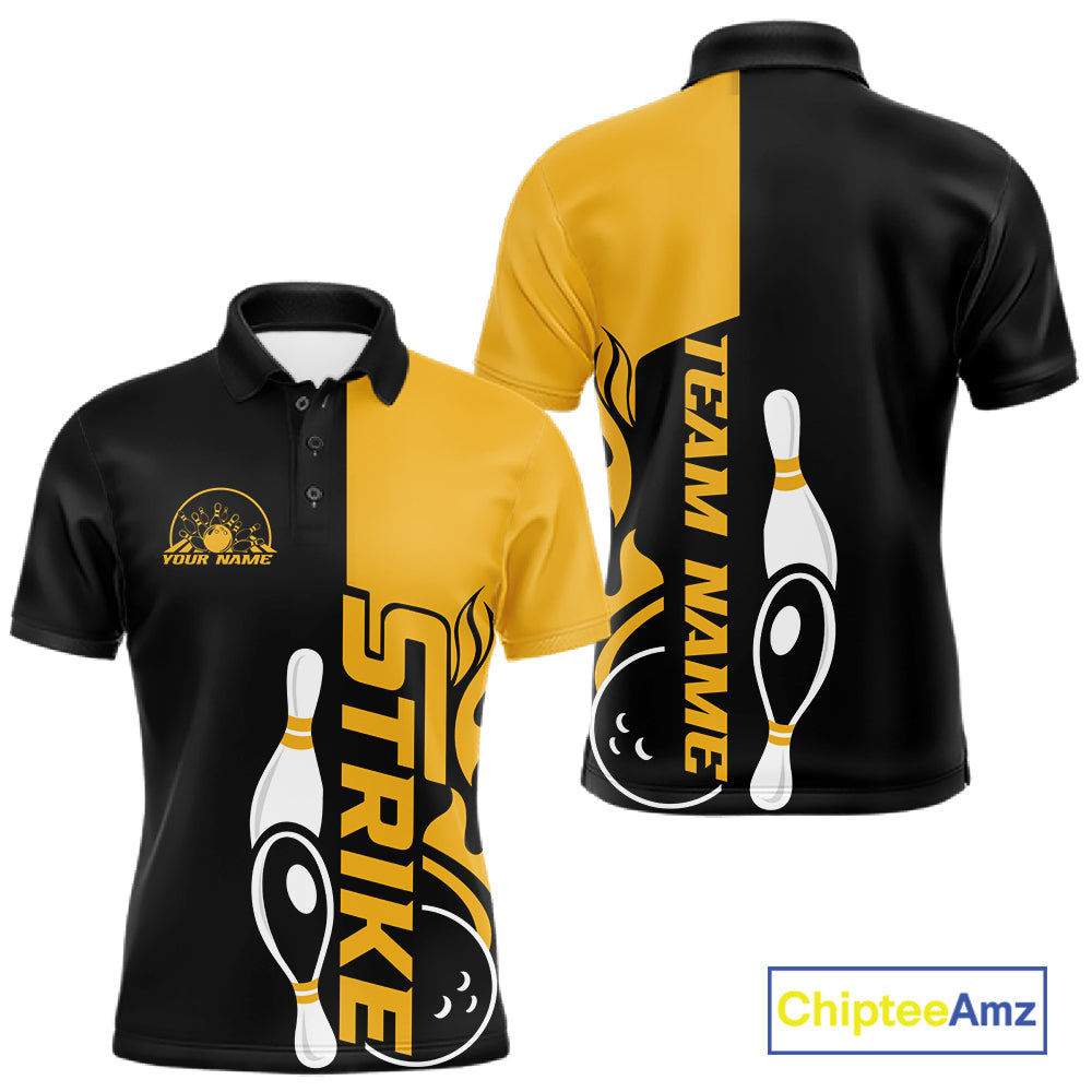 Custom Black And Gold Flame Strike Bowling Men Polo Shirt, Bowling Tournament Shirt IPHW10253