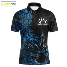 Load image into Gallery viewer, Custom Black And Blue Tribal Flame Bowling Ball Bowling Team Shirts, Polynesian Bowling Tournament Shirt IPHW10499