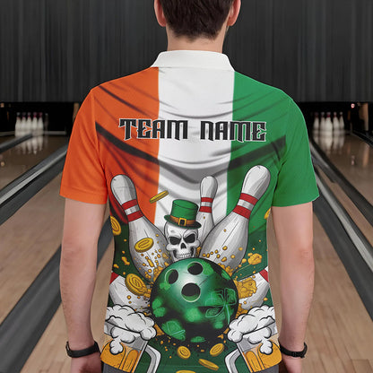 Custom Irish Flag St Patricks Day Bowling Polo Team Shirts For Men, Skull Leprechaun Bowling IPHW8588