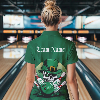 Custom Green Skull St Patricks Day Bowling Polo Shirt For Women, Lucky Bowling Shirt IPHW8591