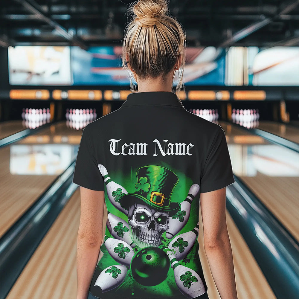 Custom Black And Green Lucky Clover St Patricks Day Skull Bowling Team Polo Shirt For Women IPHW8593