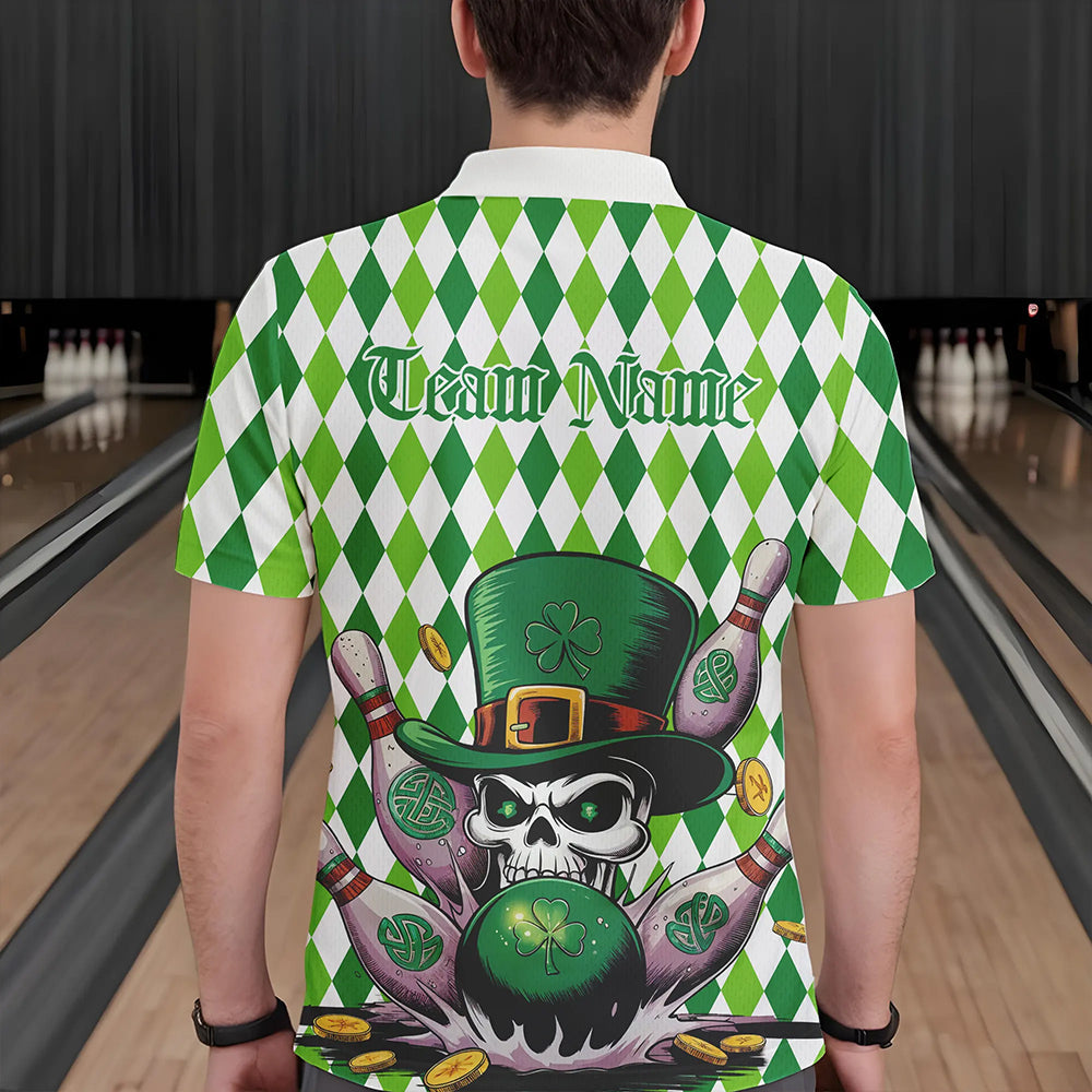 Custom White And Green St Patricks Argyle Skull Bowling Polo Shirts For Men, Bowling Jerseys IPHW8596
