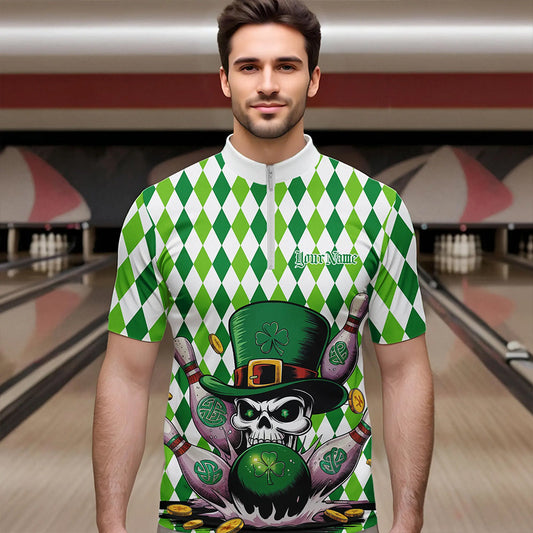 Custom White And Green St Patricks Argyle Skull Bowling Quarter-Zip Shirts For Men, Bowling Jerseys IPHW8596