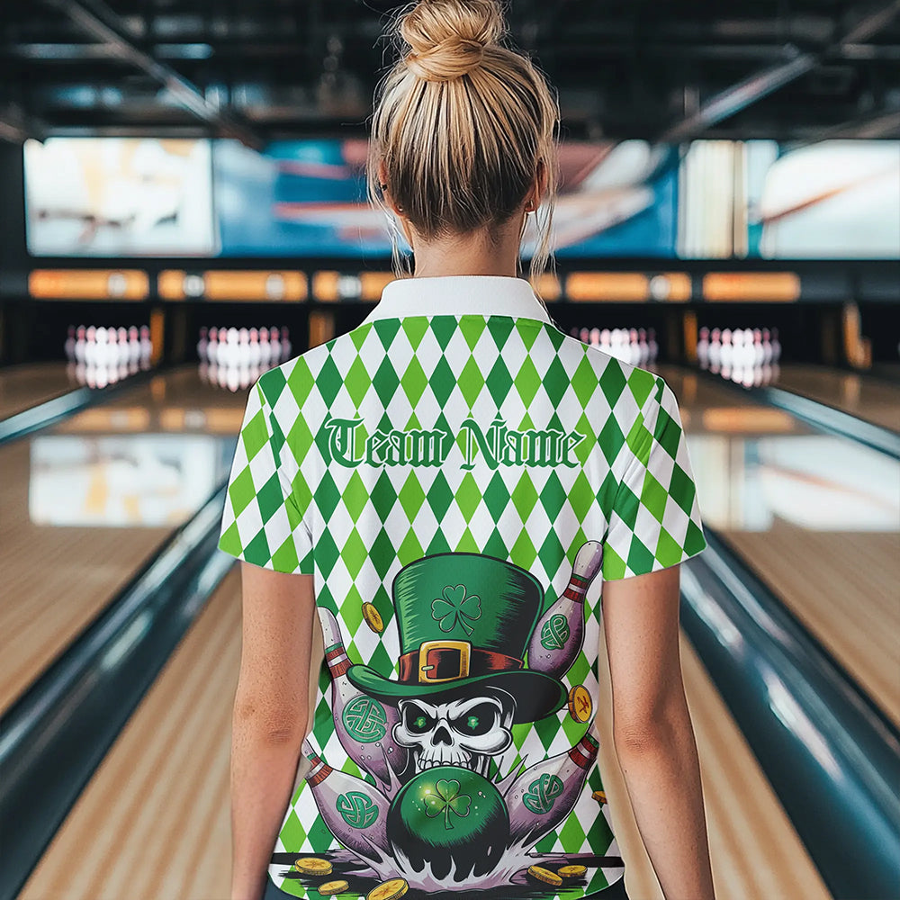 Custom White And Green St Patricks Argyle Skull Bowling Womens Quarter-Zip Shirts Jerseys IPHW8596