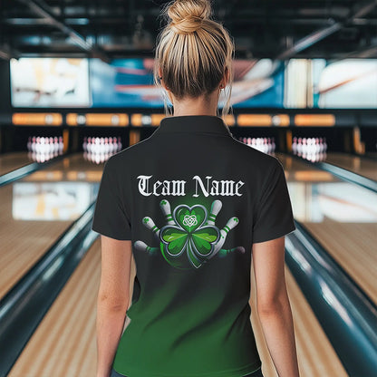 Custom Black And Green Lucky Clover St Patricks Day Skull Bowling Team Polo Shirt For Women IPHW8599