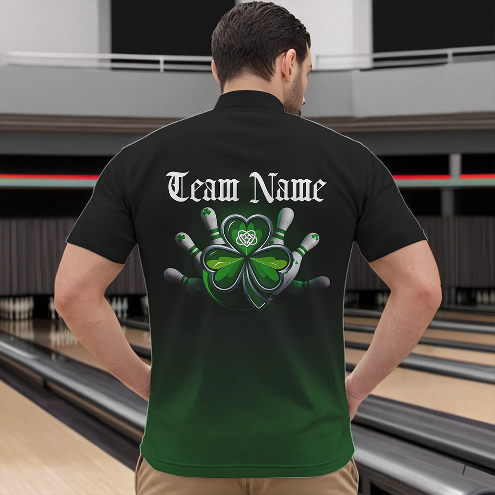 Custom Black And Green Lucky Clover St Patricks Day Skull Bowling Team Quarter-Zip Shirts For Men IPHW8599