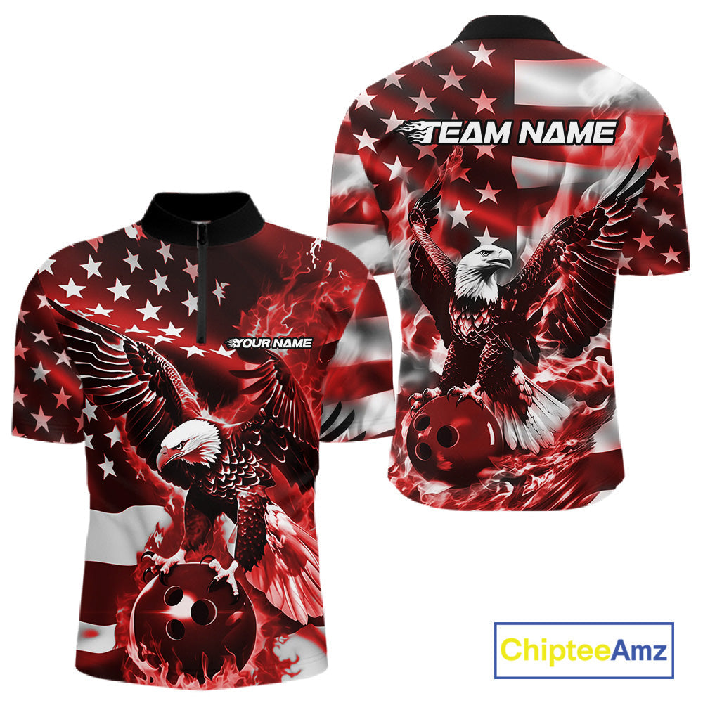 Custom Red Flaming American Flag Eagle Bowling Team Men Shirt, Patriotic Bowlers Outfit IPHW10779