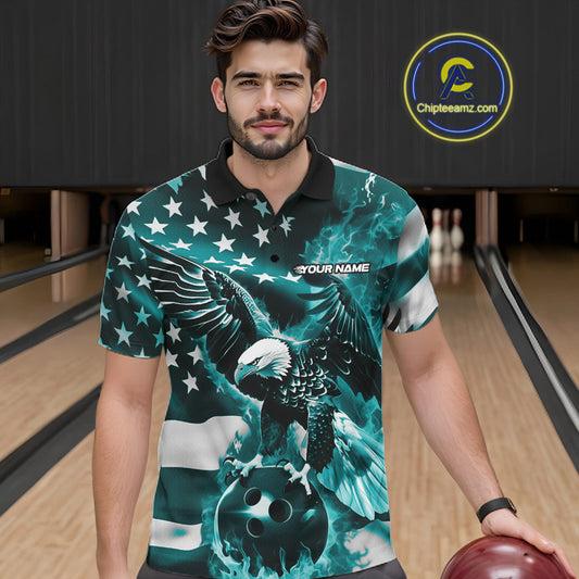 Custom Blue Flaming American Flag Eagle Bowling Team Men Shirt, Patriotic Bowlers Outfit IPHW10780