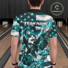 Load image into Gallery viewer, Custom Blue Flaming American Flag Eagle Bowling Team Men Shirt, Patriotic Bowlers Outfit IPHW10780