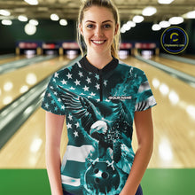 Load image into Gallery viewer, Custom Blue Flaming American Flag Eagle Bowling Women Shirt, Patriotic Bowlers Outfit IPHW10780