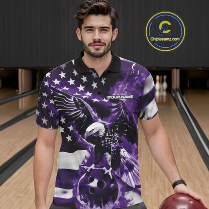 Custom Purple Flaming American Flag Eagle Bowling Team Men Shirt, Patriotic Bowlers Outfit IPHW10781