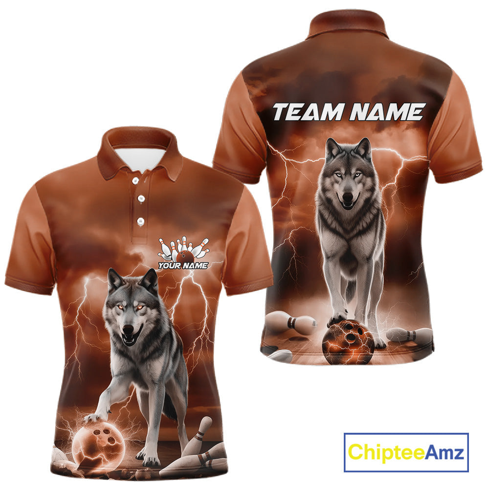 Custom Orange Ligtning Wolf Bowling Team League Shirts For Men, Bowler Outfits IPHW10786