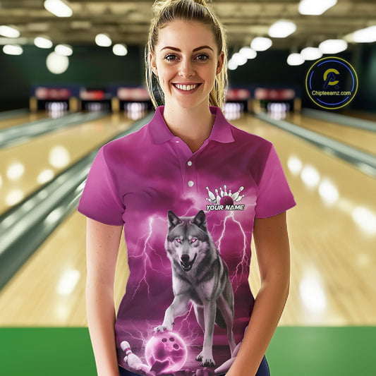 Custom Pink Ligtning Wolf Bowling Team League Shirts For Women, Bowler Outfits IPHW10788