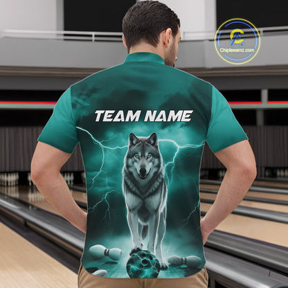 Custom Teal Blue Ligtning Wolf Bowling Team League Shirts For Men, Bowler Outfits IPHW10789