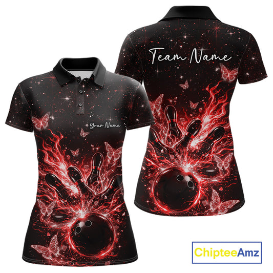 Front and back views of a black and red womens bowling polo shirt with flaming bowling ball, pins, and glowing butterflies.