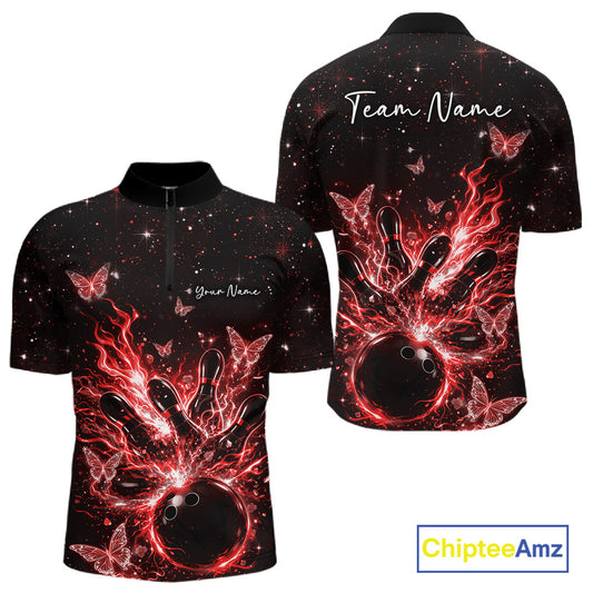 Front and back views of a black and red mens bowling quarter-zip shirt featuring flaming bowling ball and glowing butterflies.