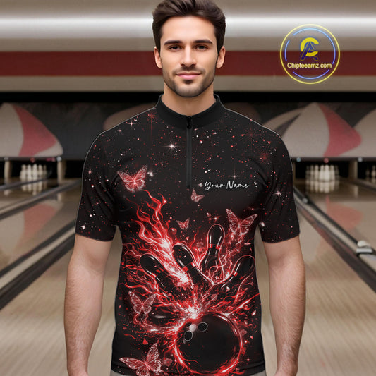 Male model wearing a black and red bowling quarter-zip shirt at the bowling lane with cosmic strike artwork.
