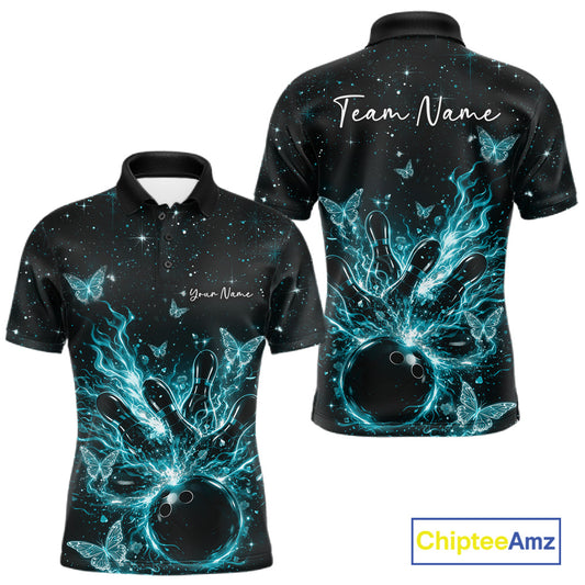 Front and back views of a black and turquoise blue mens bowling polo shirt showcasing a flaming bowling ball striking pins with glowing butterflies.