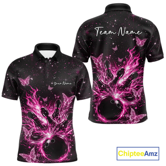 Front and back views of a black and pink mens bowling polo shirt with cosmic flaming bowling ball and glowing butterflies.
