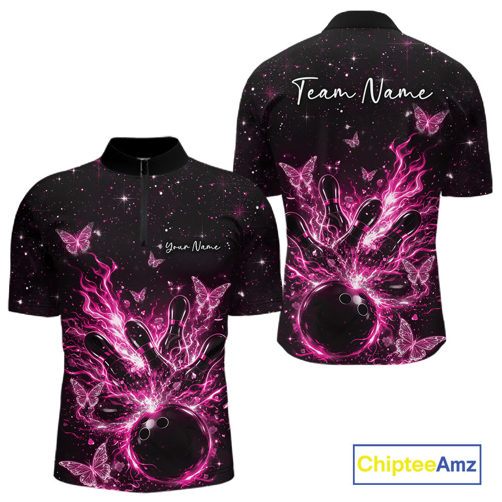 Front and back views of a black and pink mens bowling quarter-zip shirt with flaming bowling ball, pins, and glowing butterflies.
