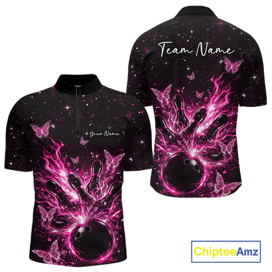 Front and back views of a black and pink mens bowling quarter-zip shirt with flaming bowling ball, pins, and glowing butterflies.