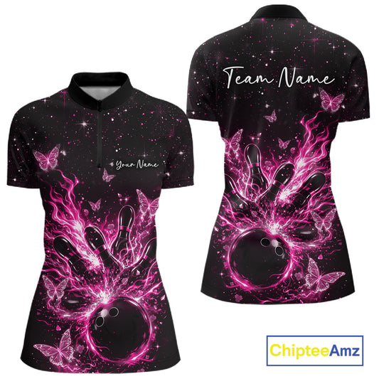 Front and back views of a black and pink womens bowling quarter-zip shirt featuring cosmic flaming bowling ball and glowing butterflies.