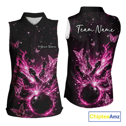 Front and back views of a black and pink womens sleeveless bowling shirt showcasing a flaming bowling strike scene with butterflies and cosmic artwork.