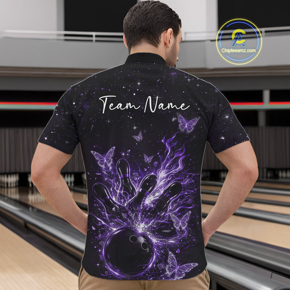Front view of a male model wearing a black and purple bowling quarter-zip shirt with glowing butterfly bowling artwork.