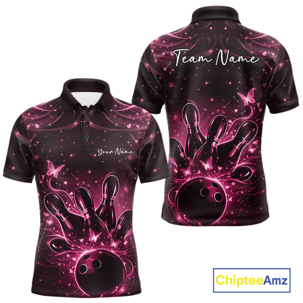 Front and back views of a black and pink mens bowling polo shirt with glowing butterflies around bowling pins and ball.