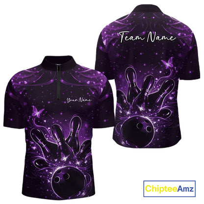Front and back views of a black and purple mens bowling quarter-zip shirt with bowling ball, pins, and glowing butterflies.