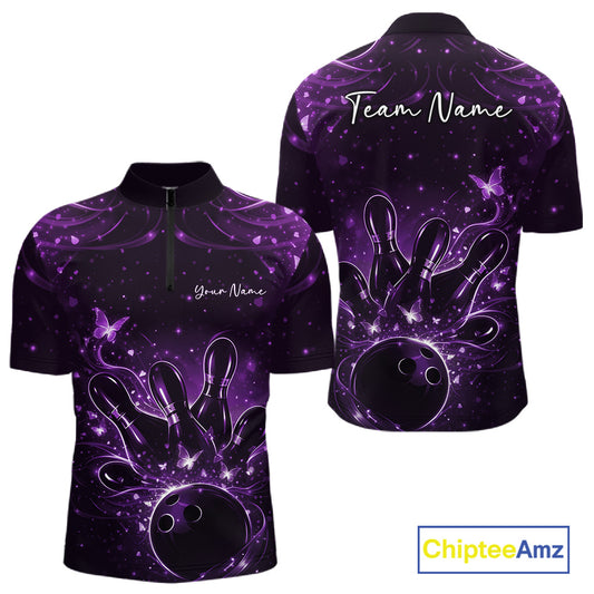 Front and back views of a black and purple mens bowling quarter-zip shirt with bowling ball, pins, and glowing butterflies.