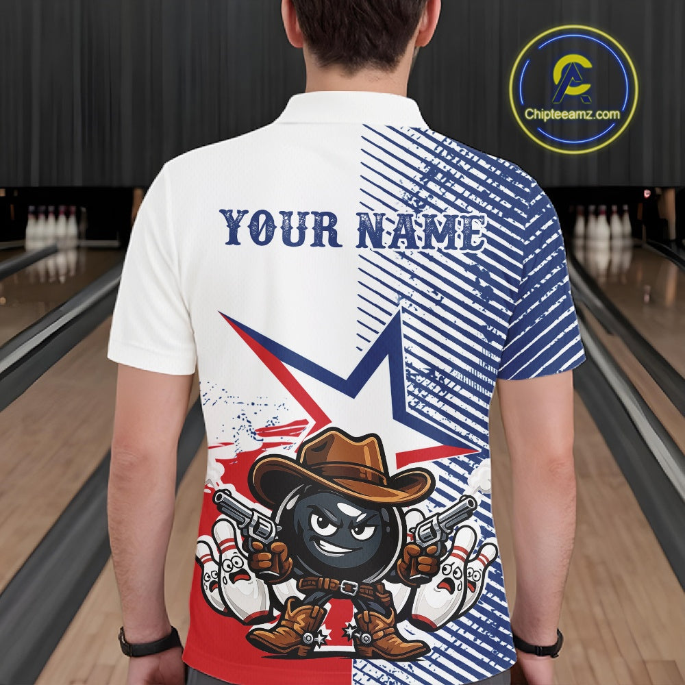 A person viewed from behind wearing a short-sleeve bowling-themed polo shirt with a custom name print, a cartoon bowling ball character in cowboy boots, and a Texas flag-inspired red, white, and blue design. Bowling lanes are visible in the background.