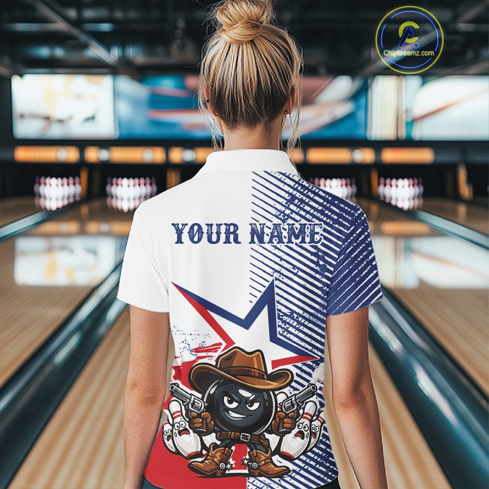 A woman viewed from behind wearing a custom short-sleeve polo shirt in a bowling alley. The back of the shirt features a patriotic red, white, and blue design with a cartoon bowling pin character wearing a cowboy hat and holding guns, alongside the text 'YOUR NAME'.