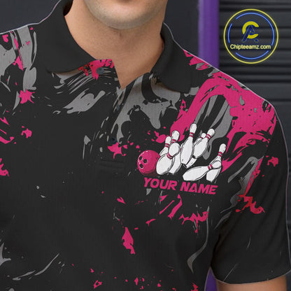 Custom Black And Pink Splatter Camo Bowling Team Polo Shirts For Men IPHW10797