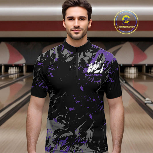 Custom Black And Purple Splatter Camo Bowling Team Quarter-Zip Shirts For Men IPHW10798