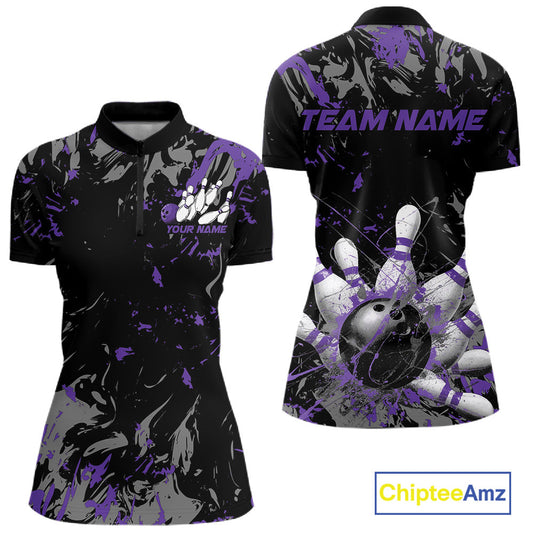 Custom Black And Purple Splatter Camo Bowling Team Quarter-Zip Shirts For Women IPHW10798