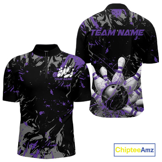 Custom Black And Purple Splatter Camo Bowling Team Quarter-Zip Shirts For Men IPHW10798