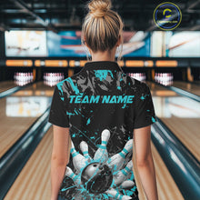 Load image into Gallery viewer, Custom Black And Turquoise Blue Splatter Camo Bowling Team Polo Shirts For Women IPHW10799