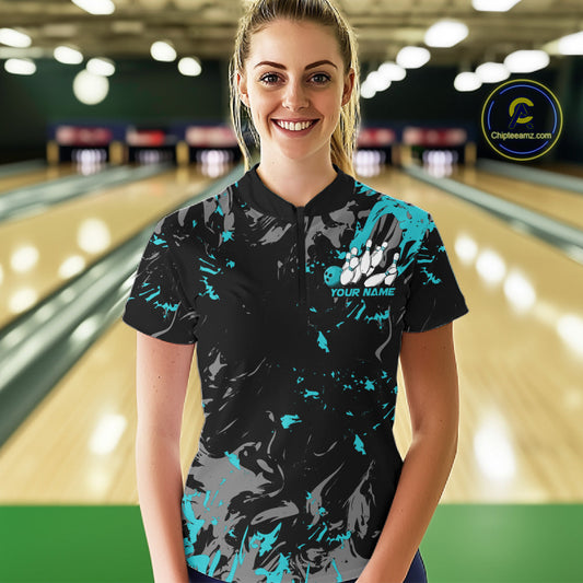 Custom Black And Turquoise Blue Splatter Camo Bowling Team Quarter-Zip Shirts For Women IPHW10799