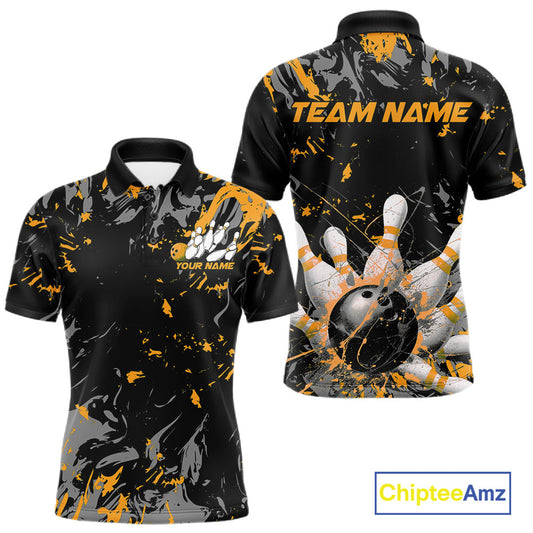 Custom Black And Yellow Splatter Camo Bowling Team Polo Shirts For Men IPHW10800